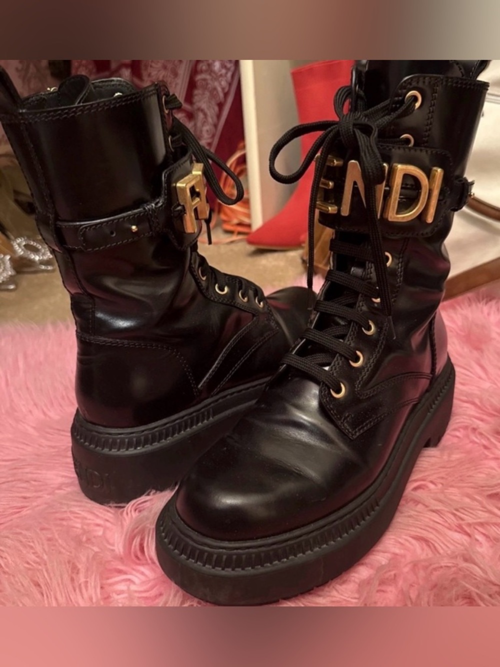 Fendi Black Leather Lace-Up Ankle Boots with Gold Logo Hardware